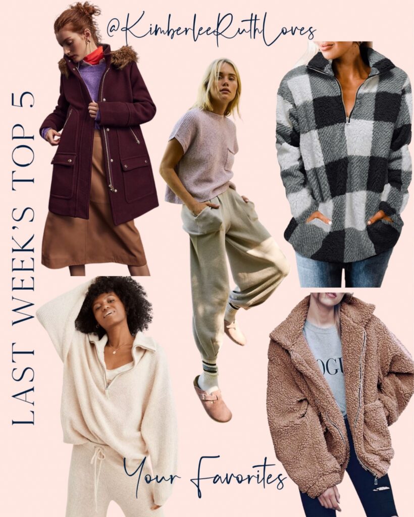 Graphic show top five follower favorite items by blogger Kimberlee Ruth Loves. Women's coat, sweater and jogger set, sherpa quarter-zip pullover, fleece teddy jacket in a carmel color, pullover quarter-zip top in a cream color.